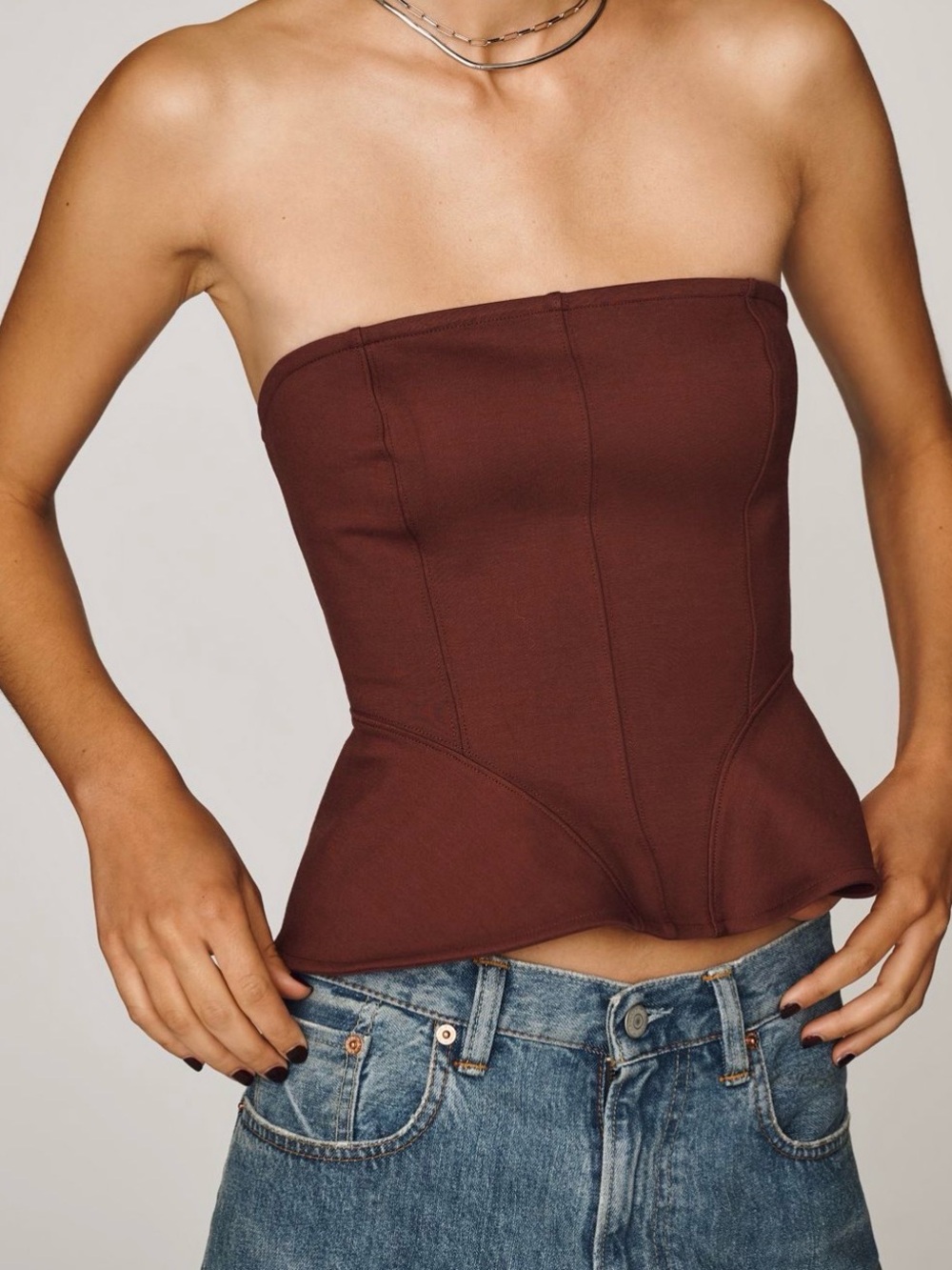 Maeve Strapless Peplum Bustier Top in Chocolate